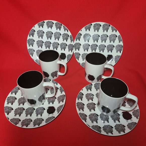 Fitz and Floyd Variations Black & White Sheep Design Cup & Saucer Set of 4 - Picture 11 of 13